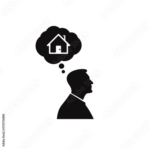 Silhouette of a man's head thinking about a house in a thought bubble