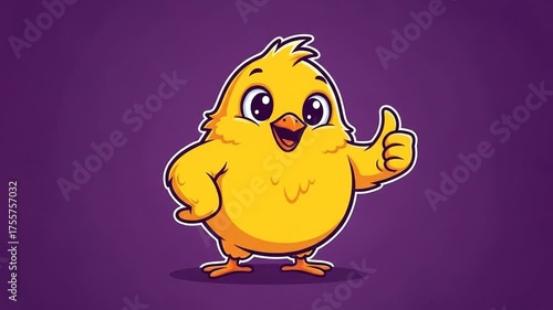 Cheerful cartoon chick with thumb up on purple background