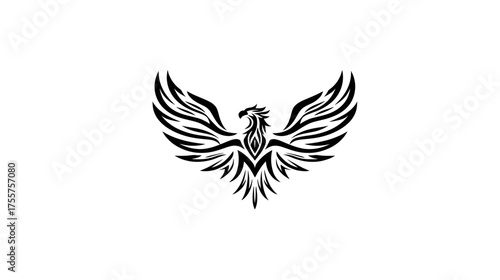 Stylized black bird with spread wings against a white background