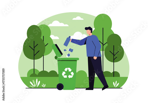 A man throws a plastic bottle into a green recycling bin in a park setting, promoting environmental awareness.