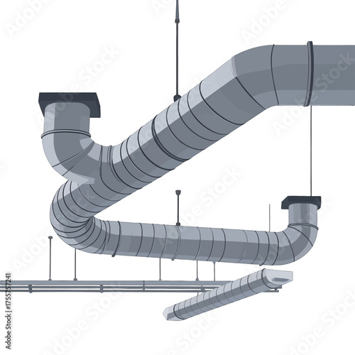 Gray Air Duct System Installation on White Background Infrastructure Architecture Ventilation Design System for Construction and Air Conditioning Isometric View