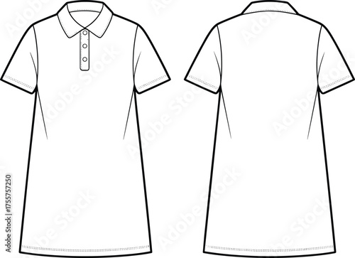 Polo dress fashion CAD, short sleeve collared gown technical flat sketch, vector illustration, apparel design template, garment construction drawing, front back view