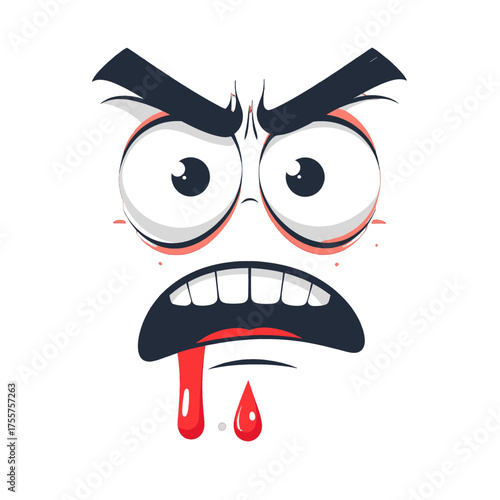 Cartoon Face with Gritted Teeth and Red Drool Depicting Anger on a White Background