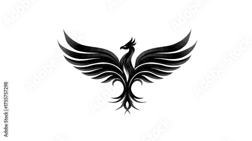 Stylized black phoenix with outstretched wings against a white background