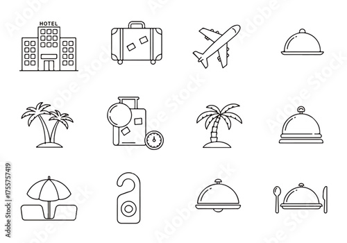A set of line art icons depicting travel and vacation themes, including a hotel, suitcase, airplane, palm trees, and dining service.