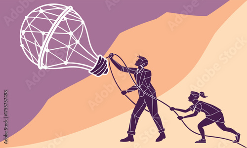 Silhouettes pulling a giant lightbulb idea concept