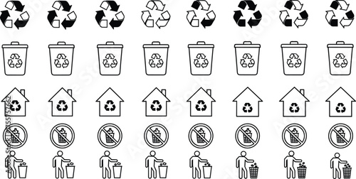 Recycling and Waste Management Icon Set Featuring Bins, Homes, Symbols, No Littering Signs, and Eco Actions in Vector Format