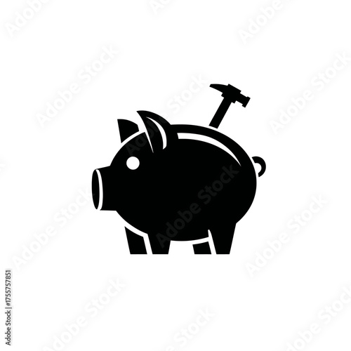 Black piggy bank with hammer on white background