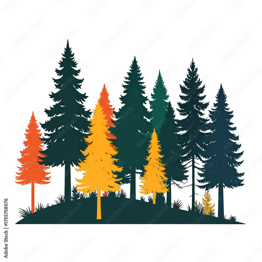 Obraz premium Dense Forest Silhouette with Teal Green and Orange Trees on a White Background Graphic Illustration