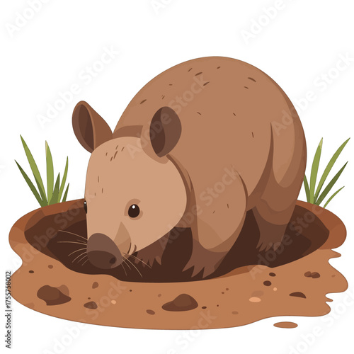 Brown Armadillo Digging Hole in Pixel Art with Grass on White Background