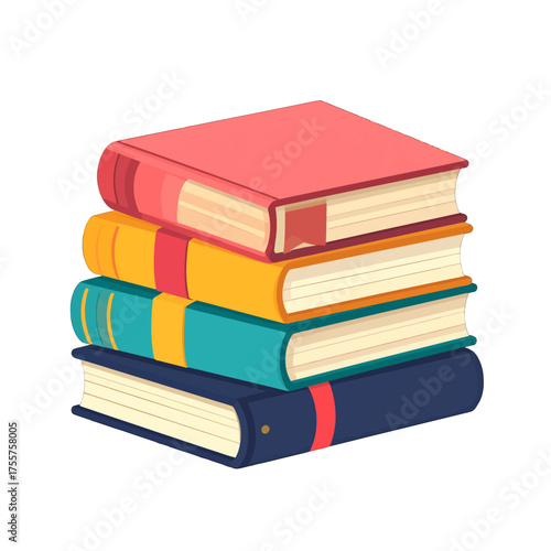 Stack of Four Books in Red Yellow Green and Dark Blue Illustration