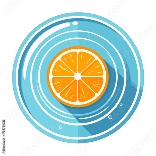 Vibrant Orange Slice in Glass Plate with Clear Water Bubbles and Long Shadows Flat Vector Illustration on White Background