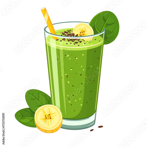 Pixel Art Green Smoothie with Banana Slices and Spinach Leaves on Clear Background