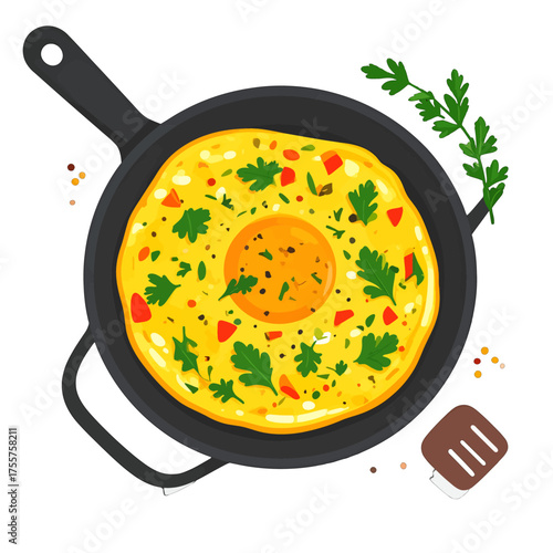 Fried Egg in a Dark Skillet with Herbs and Spices on White Background