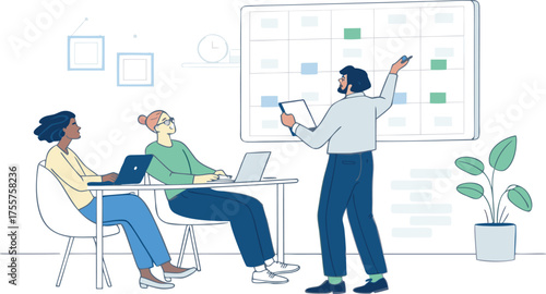 A team of three people collaborating in an office setting, with one person presenting a plan on a whiteboard to two colleagues using laptops.