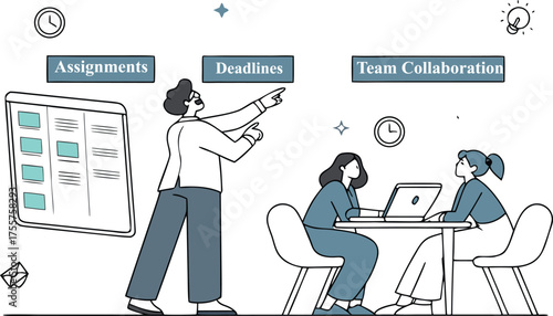 A team of people collaborating on assignments and deadlines, with one person pointing to a whiteboard illustrating project tasks and time management.