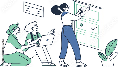 Three women collaborate on a project, one using a laptop while others interact with a large grid board, suggesting teamwork and planning.