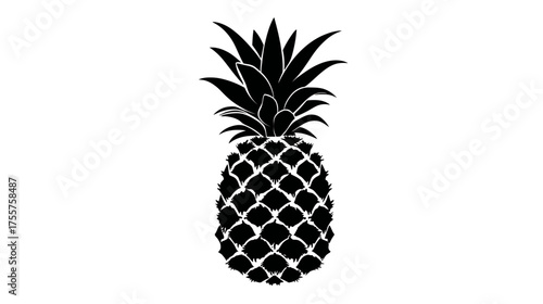 A striking black silhouette of a pineapple with textured rind and leafy crown