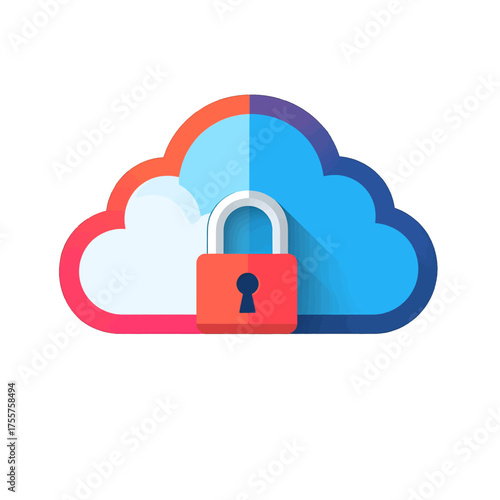 Colorful Data Protection Graphic with Cloud Shape and Red Padlock Isolated on White