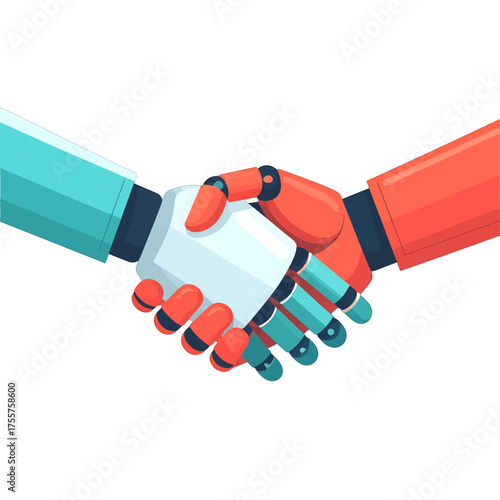 Illustration of Robotic Handshake with Turquoise and Red Arm on White Background