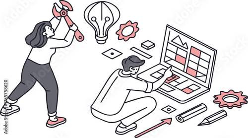 Two people collaborating on a project, one using a wrench on a lightbulb, the other working on a laptop with charts and gears surrounding them, symbolizing innovation and teamwork.