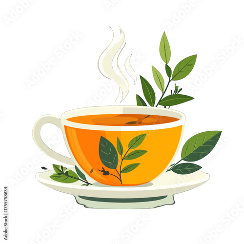 Steaming Orange Tea Cup with Green Leaves and White Background Illustration
