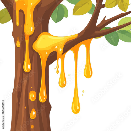Honey Dripping from Brown Tree Branches with Green Leaves against White Background