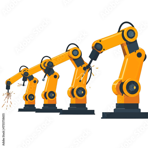 Illustration of Four Identical Yellow Robotic Arms Welding in a Row on an Isolated White Background
