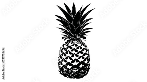 A black and white silhouette of a whole pineapple, detailed with its textured skin and spiky crown