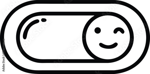 A simple line art icon depicting a toggle switch with a happy, winking smiley face on the slider.