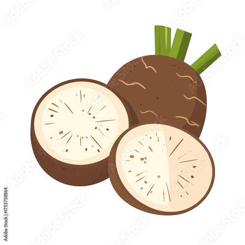 Taro Roots on White Background Cut and Whole With Visible Texture and Green Stems for Culinary or Agricultural Themes