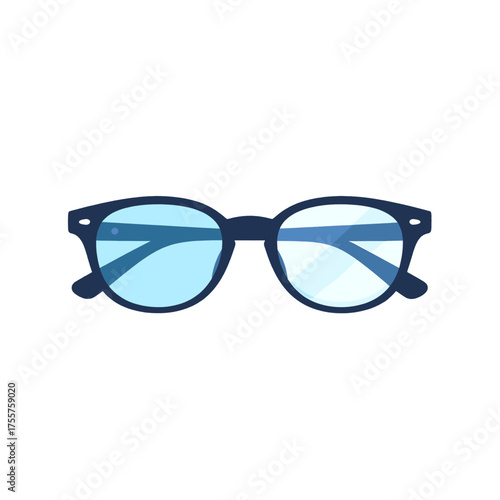 Pixelated Blue Tinted Glasses with Dark Blue Frames on a White Background in Eye-Level Frontal View for Eyewear Style and Vision Correction