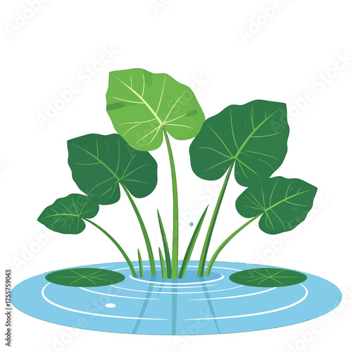Vibrant Green Tropical Leaves Growing in Water with Pixel Art Style on a White Background Creating a Serene Aquatic Scene