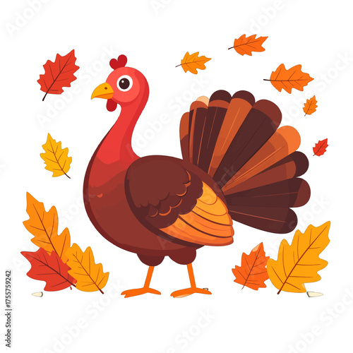 Illustration of Brown Turkey with Red Head and Orange Legs Surrounded by Colorful Autumn Leaves on a White Background