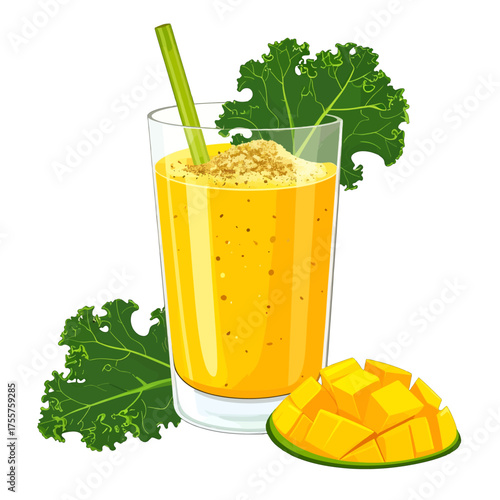 Vibrant Yellow Smoothie with Kale and Mango Chunks on White Background