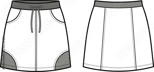 Skirt fashion CAD, drawstring waistband and paneled skirt technical flat sketch, vector illustration, apparel design template, garment construction drawing, front back view
