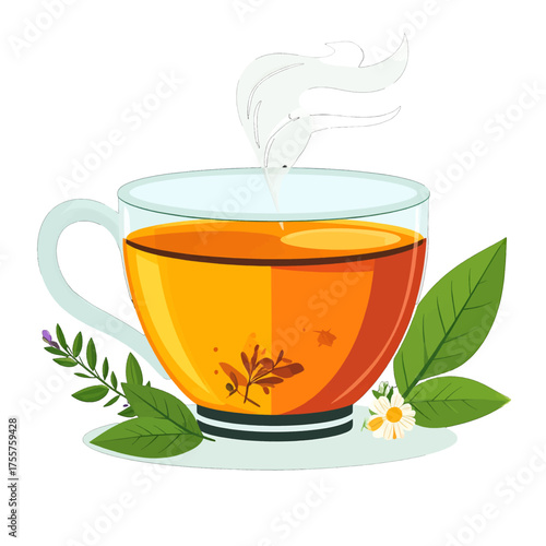 Clear Glass Mug Filled with Golden Tea Surrounded by Green Leaves and Small White Flowers on White Background
