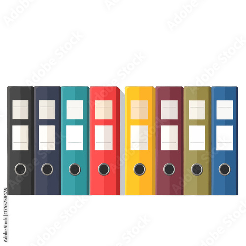 Colorful File Folders Arranged in Row with Black Blue Turquoise Red Yellow Purple Green Binders on White Background
