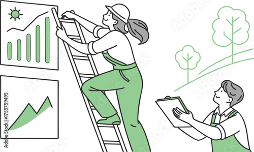 Two individuals in overalls and hats analyze charts and data, one on a ladder, in a stylized outdoor setting with trees and a sun graphic.