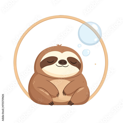 Dreamy Sloth in Circle Frame with Bubble Design in Minimalist Pixel Art Style on White Background