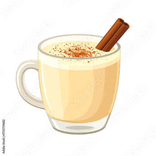 Festive Eggnog in Glass Mug Topped with Cinnamon Stick on White Background