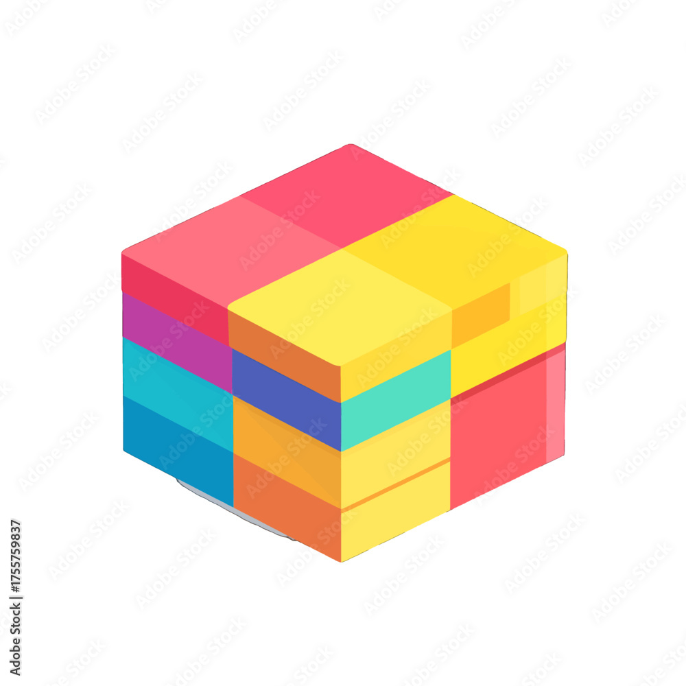 Obraz premium Isometric Multicolored Cube Isolated on White Background with Red Yellow Blue and Orange Colors Flat Geometric Illustration