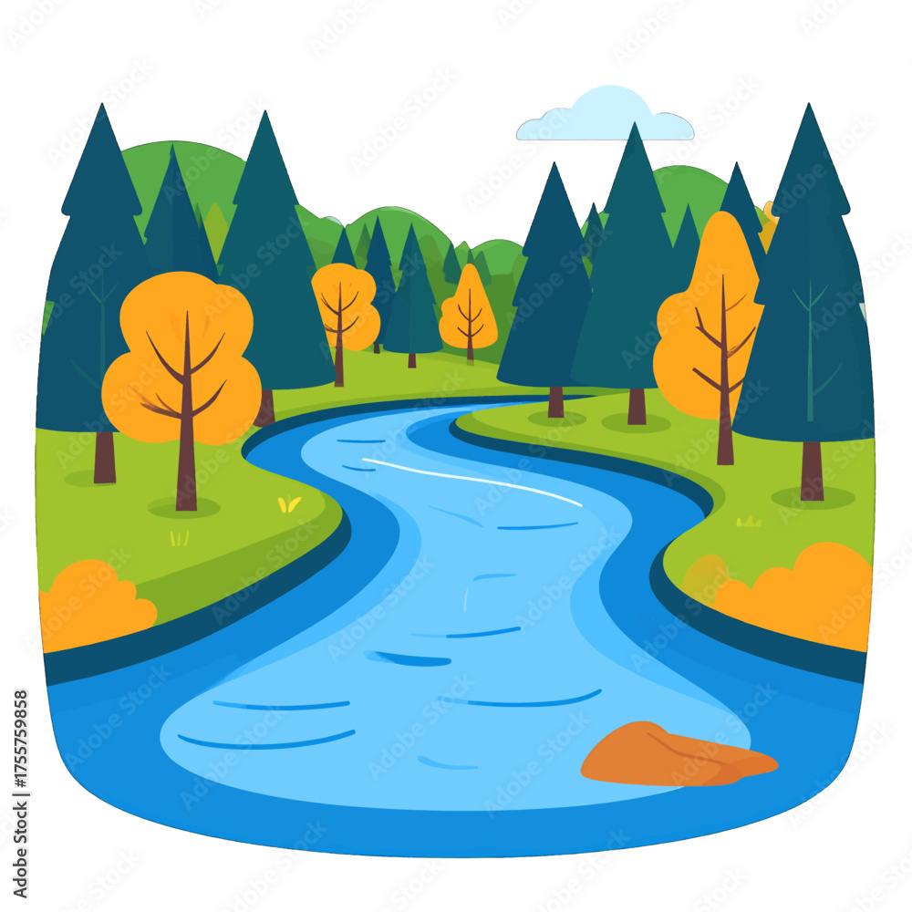 Obraz premium Cartoon River Flowing Through Forest with Green Trees and Yellow Orange Foliage in Daytime Illustration Landscape Nature Background