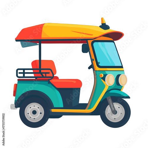 Isolated Teal Auto Rickshaw Illustration with Red and Yellow Top on a White Background