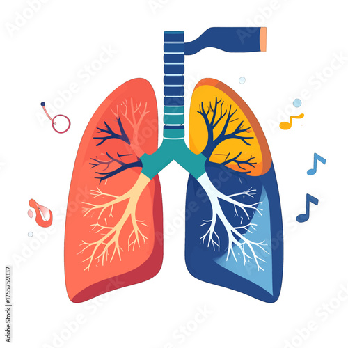 Human Lung Illustration in Blue Yellow and Red Anatomy Diagram Depicting Respiratory System Structure on White Background