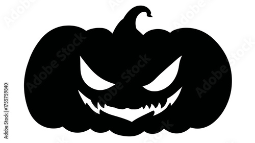 A black silhouette of a menacing jack-o'-lantern with sharp, glowing white eyes and jagged teeth