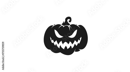 A black silhouette of a grinning pumpkin with sharp teeth and menacing eyes