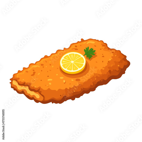 Crispy Golden Breaded Cutlet with Lemon Slice and Parsley Garnish on White Background Pixel Art Illustration