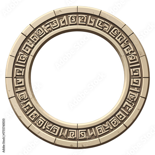Ornamental Stone Circle With Ancient Inscriptions In Neutral Tones On White Background