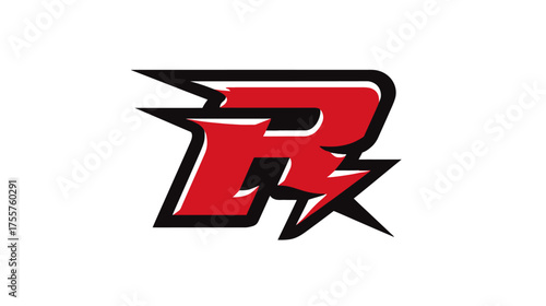 Stylized red and black letter R with sharp, angular edges and lightning bolt accents